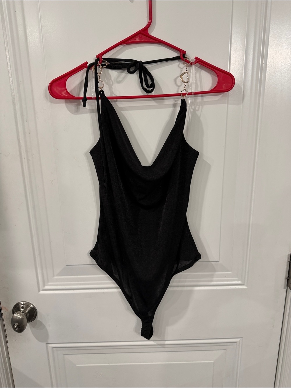 Black Draped Chain-Strap Bodysuit